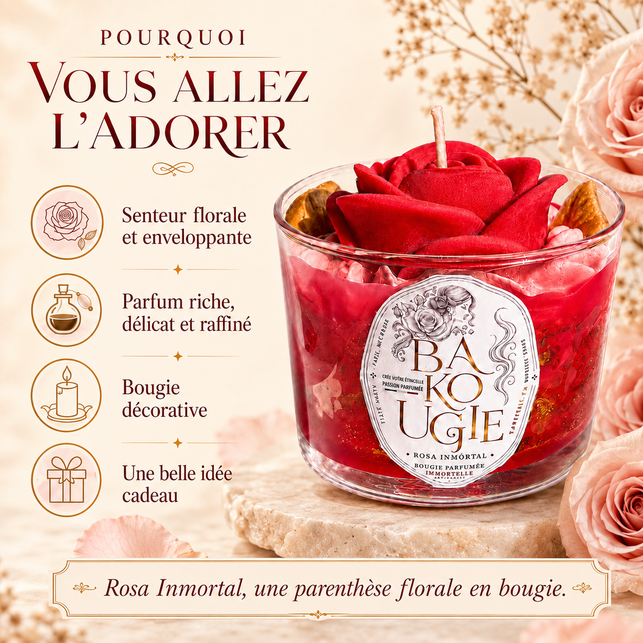 Bougie décorative « Rosa inmortal » au parfum Immortelle, idée cadeau artisanale Bakougie