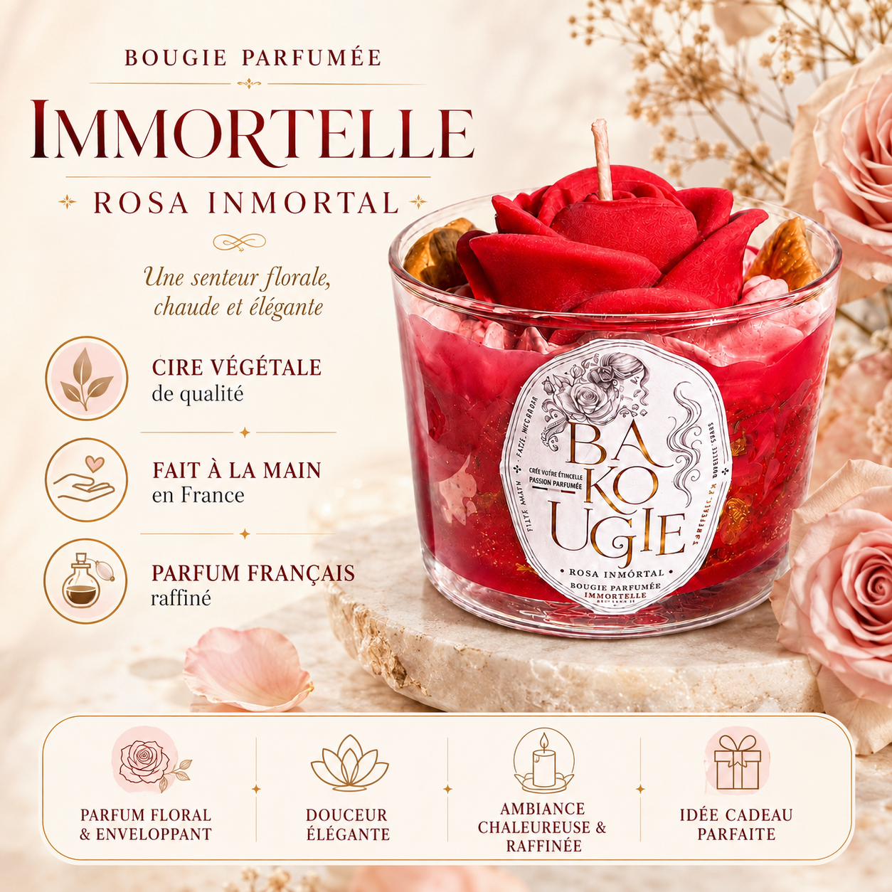 Présentation de la bougie parfumée Immortelle « Rosa inmortal », fabriquée à la main en France