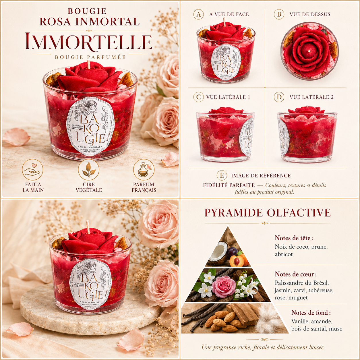 Bougie parfumée Immortelle « Rosa inmortal » vue de face, de dessus et de côté