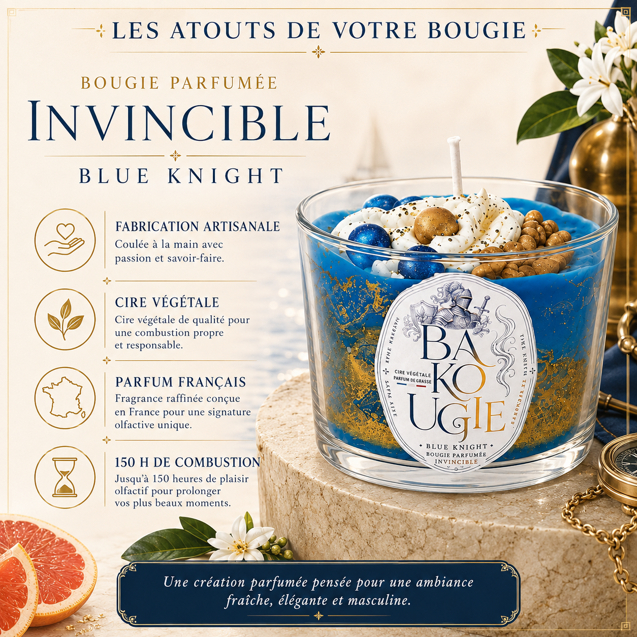 Atouts de la bougie parfumée Invincible « Blue Knight » : cire végétale et fabrication artisanale