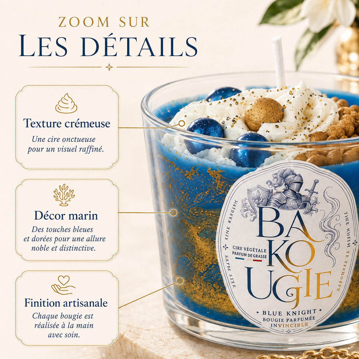 Détails et finition artisanale de la bougie parfumée Invincible « Blue Knight »