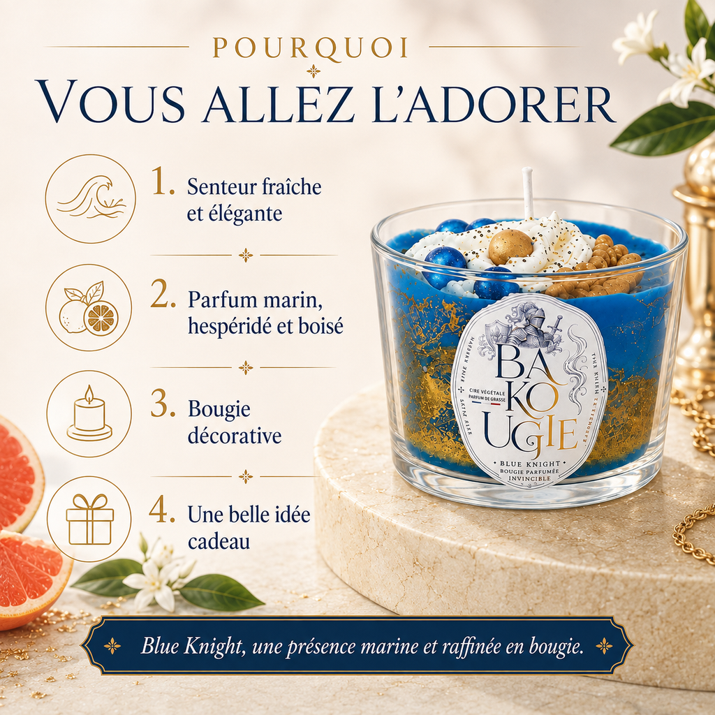 Bougie décorative « Blue Knight » au parfum Invincible, idée cadeau artisanale Bakougie