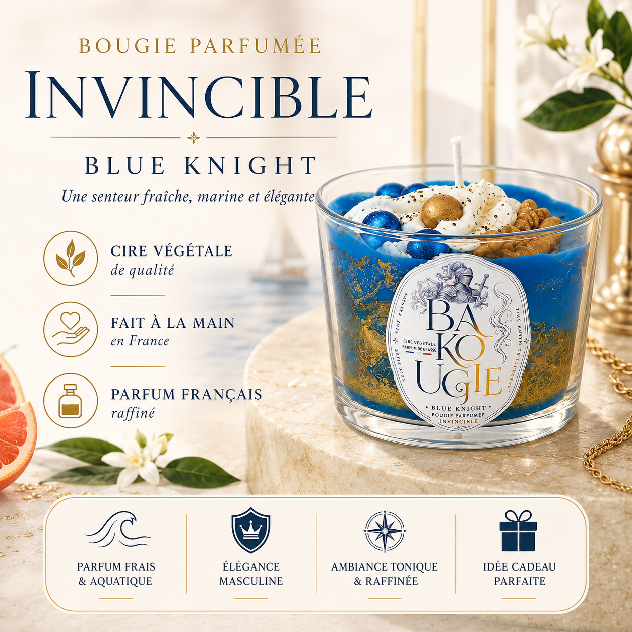 Présentation de la bougie parfumée Invincible « Blue Knight », fabriquée à la main en France