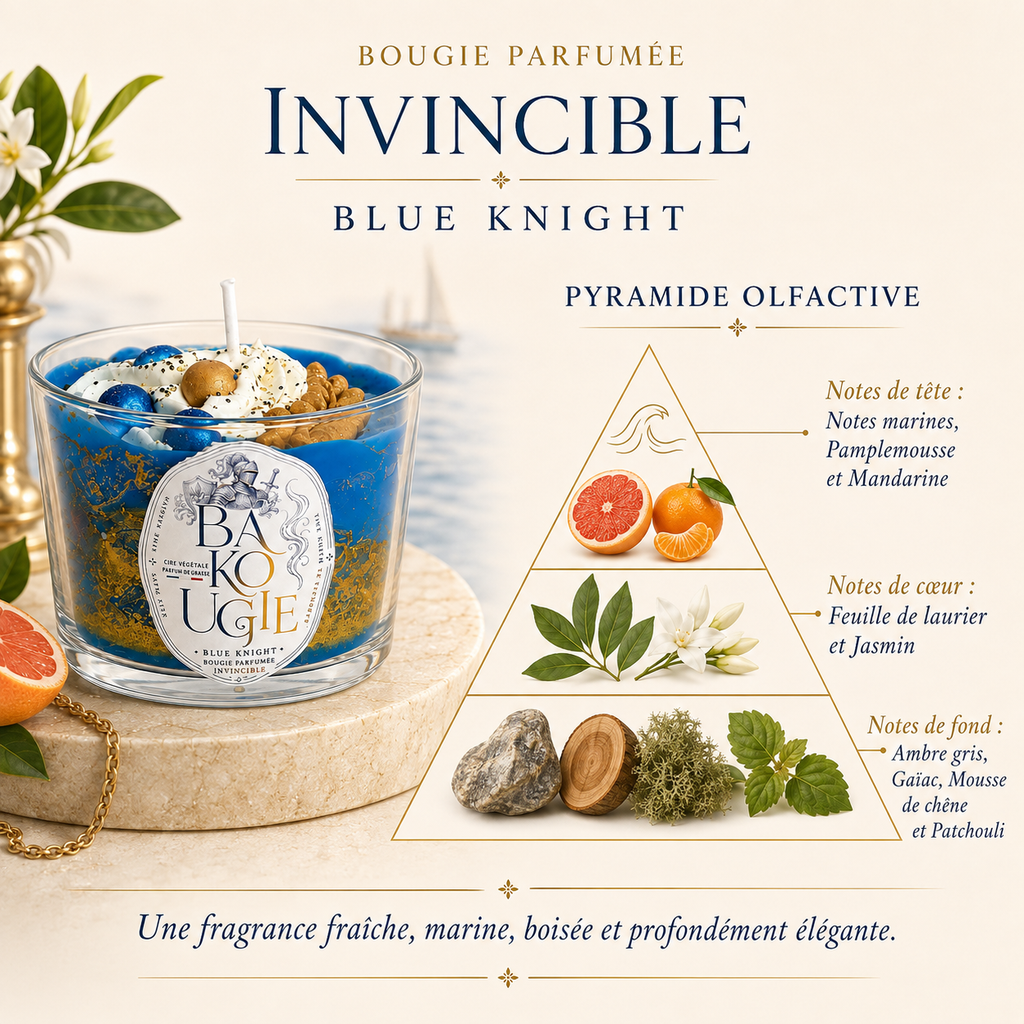 Pyramide olfactive de la bougie Invincible « Blue Knight » : notes de tête, de cœur et de fond
