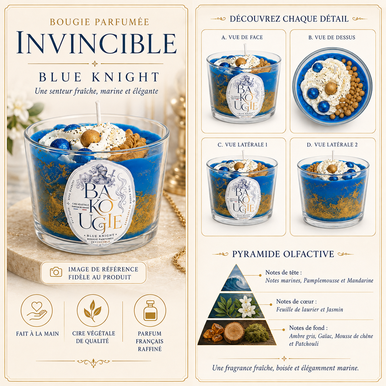 Bougie parfumée Invincible « Blue Knight » vue de face, de dessus et de côté