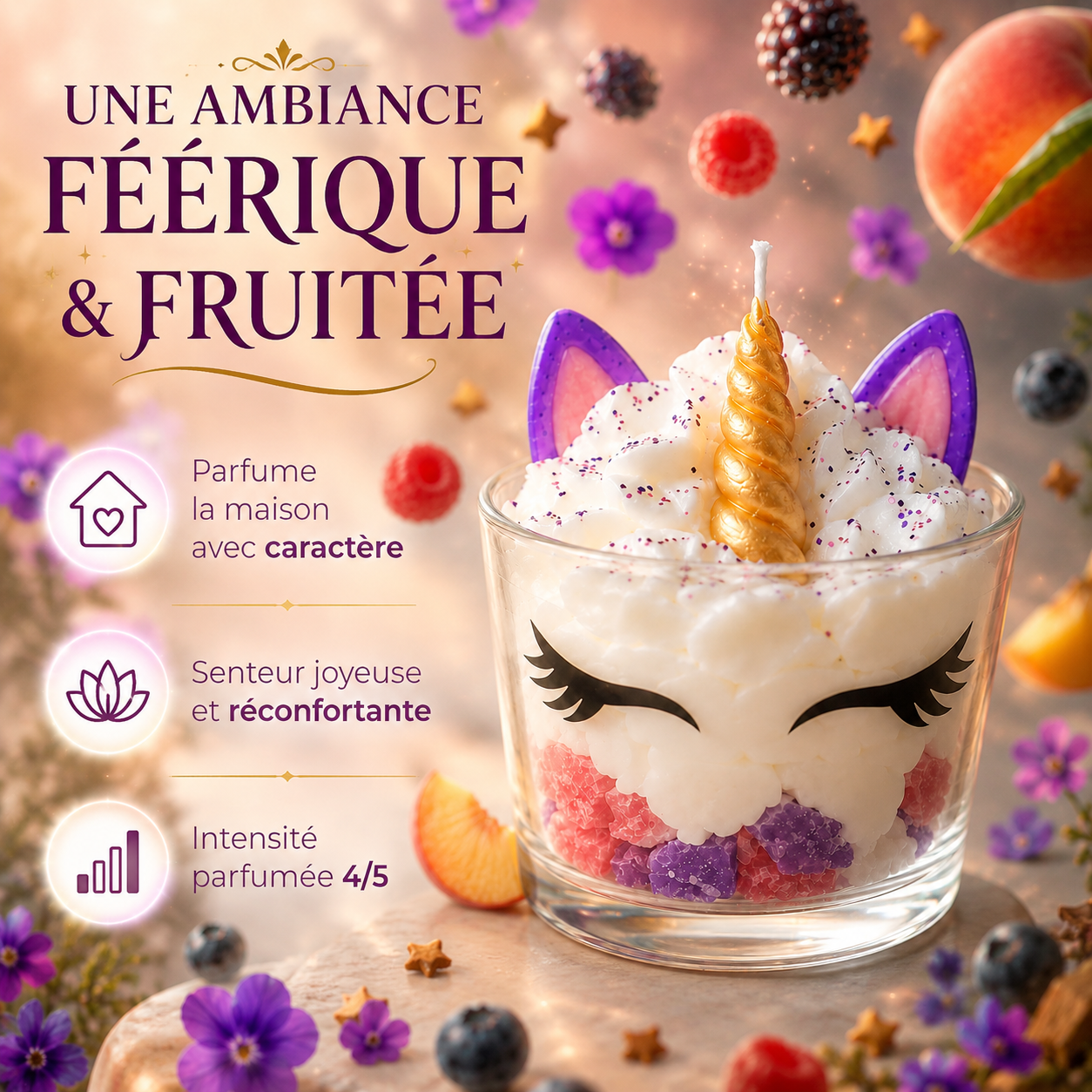 Bougie parfumée Licorne « Unicorn » mise en scène dans une ambiance décorative