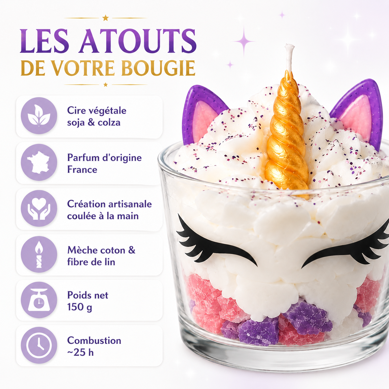 Atouts de la bougie parfumée Licorne « Unicorn » : cire végétale et fabrication artisanale