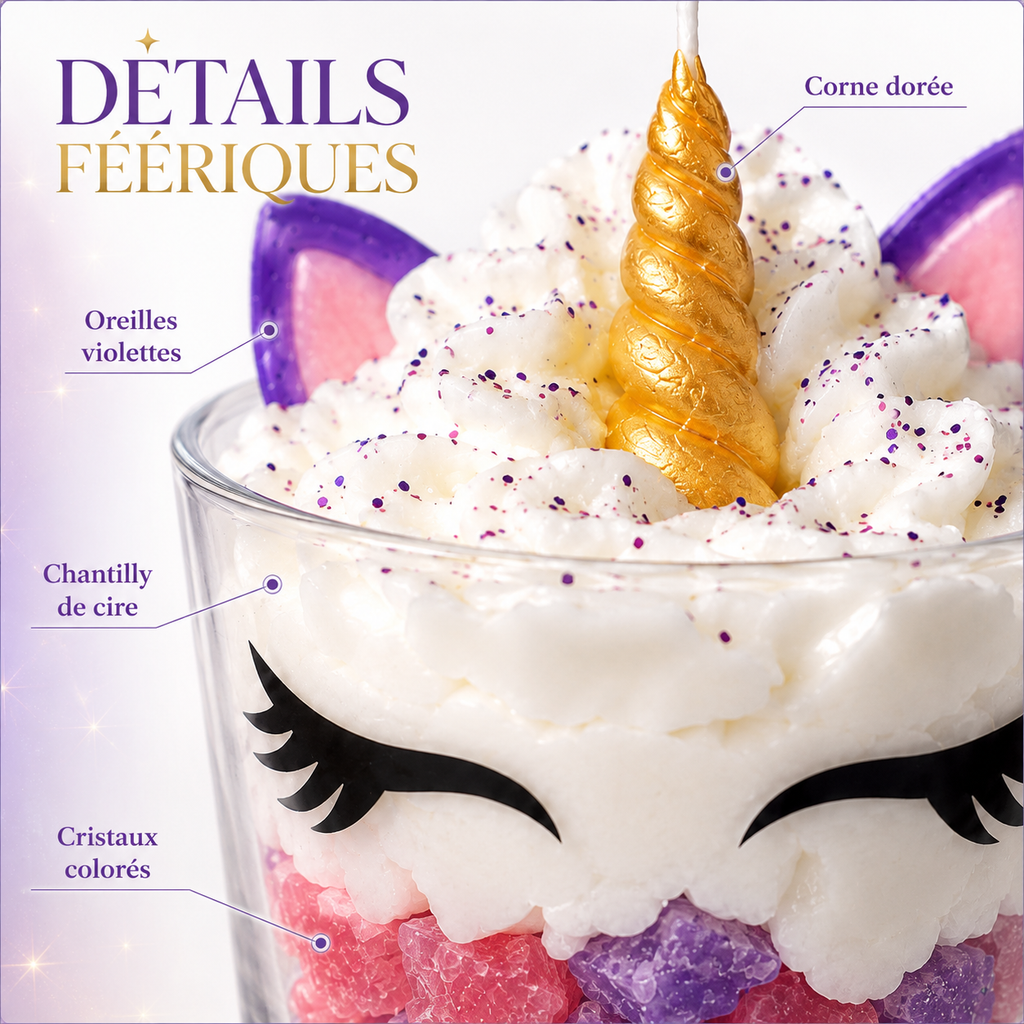 Détails et finition artisanale de la bougie parfumée Licorne « Unicorn »