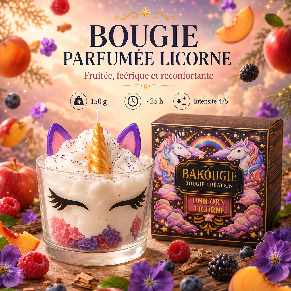 Bougie parfumée Licorne « Unicorn » avec son emballage cadeau Bakougie