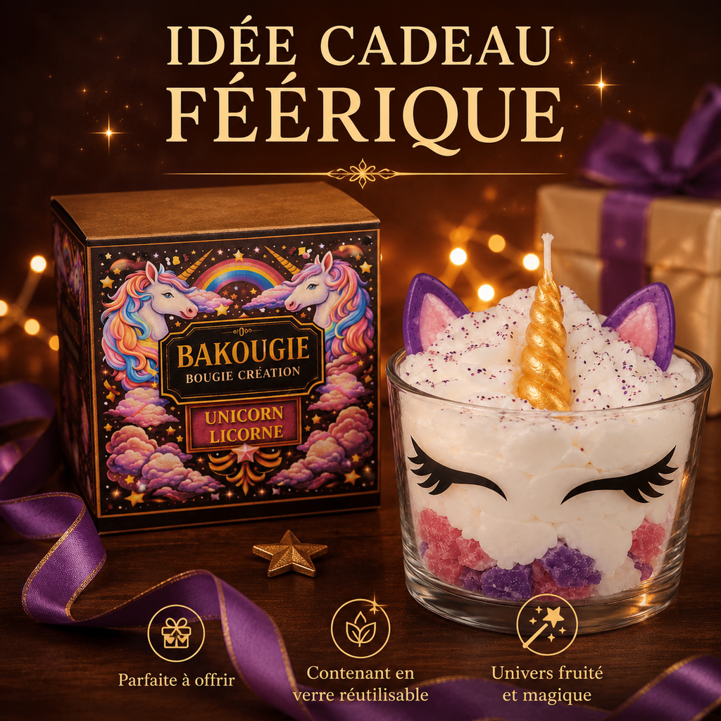 Bougie décorative « Unicorn » au parfum Licorne, idée cadeau artisanale Bakougie