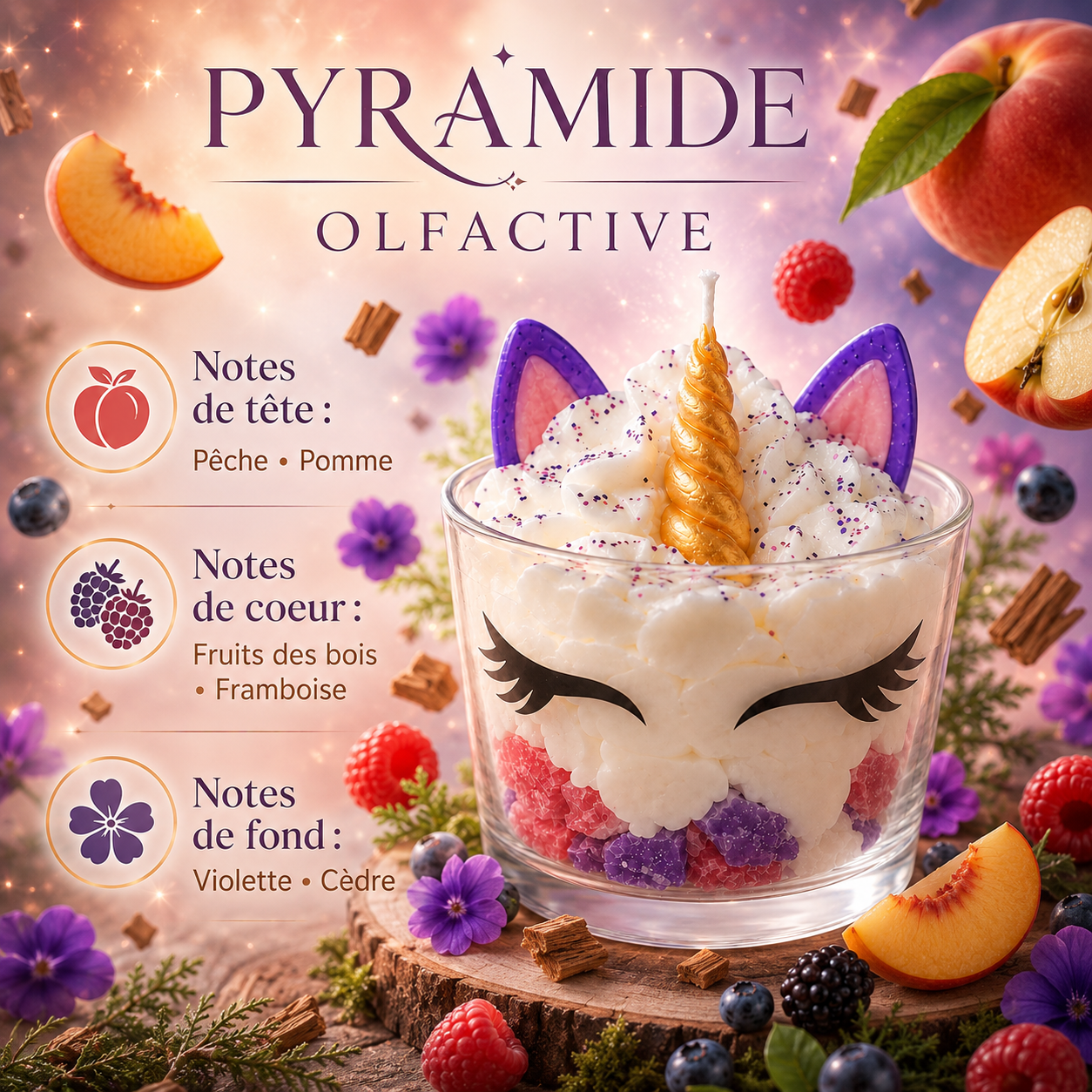 Pyramide olfactive de la bougie Licorne « Unicorn » : notes de tête, de cœur et de fond
