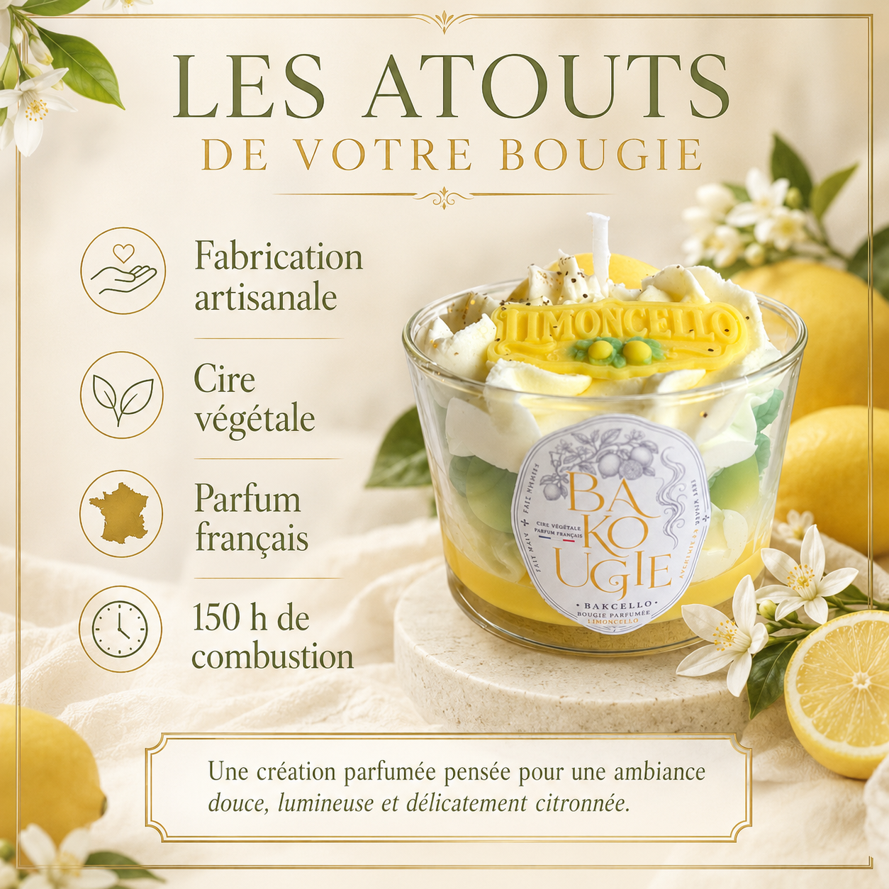 Atouts de la bougie parfumée Limoncello « Bakcello » : cire végétale et fabrication artisanale