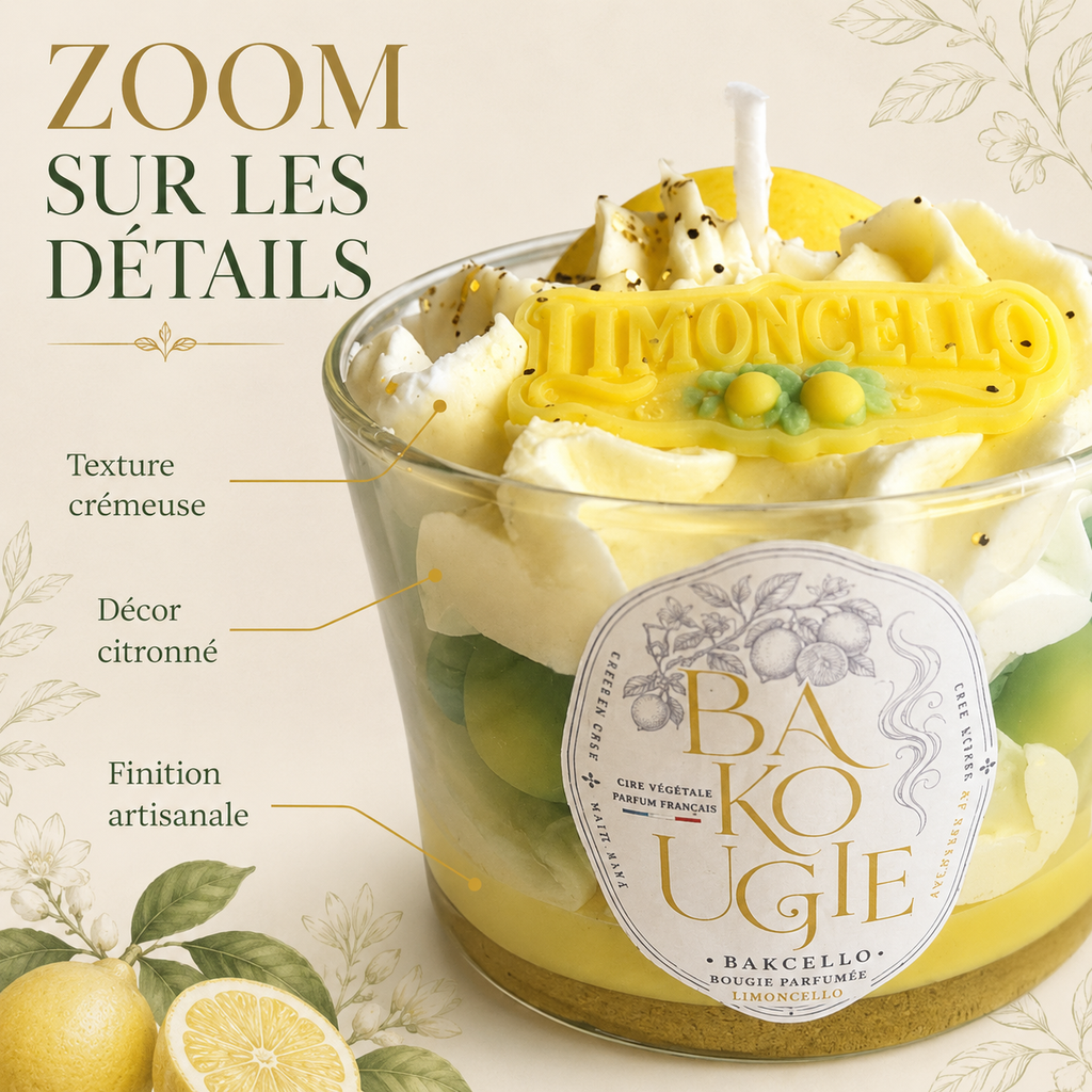 Détails et finition artisanale de la bougie parfumée Limoncello « Bakcello »