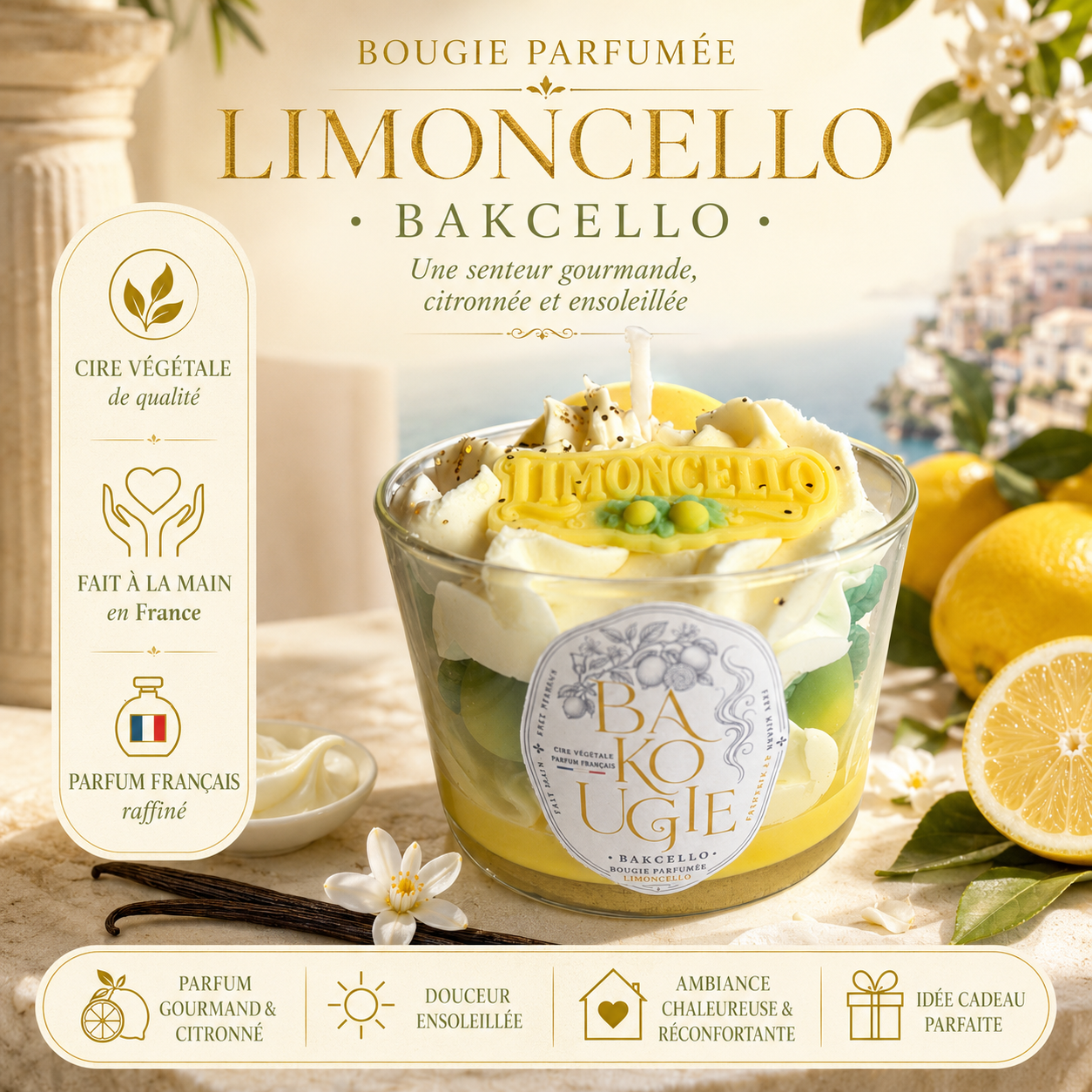 Présentation de la bougie parfumée Limoncello « Bakcello », fabriquée à la main en France
