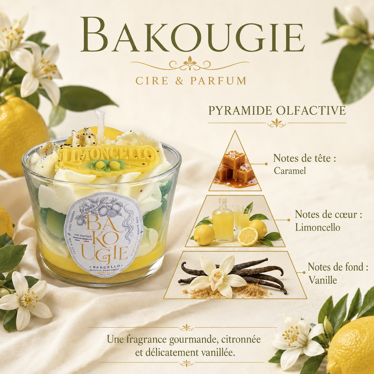 Pyramide olfactive de la bougie Limoncello « Bakcello » : notes de tête, de cœur et de fond
