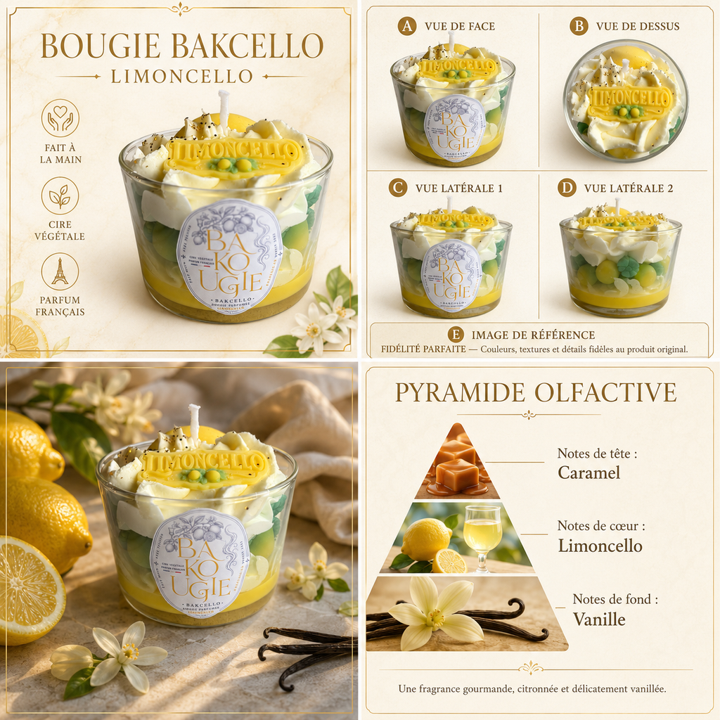 Bougie parfumée Limoncello « Bakcello » vue de face, de dessus et de côté