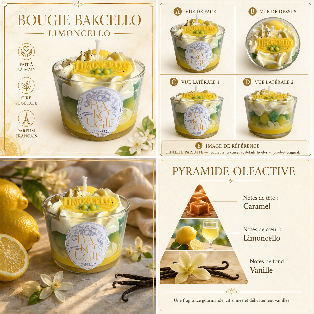 Bougie parfumée Limoncello « Bakcello » vue de face, de dessus et de côté