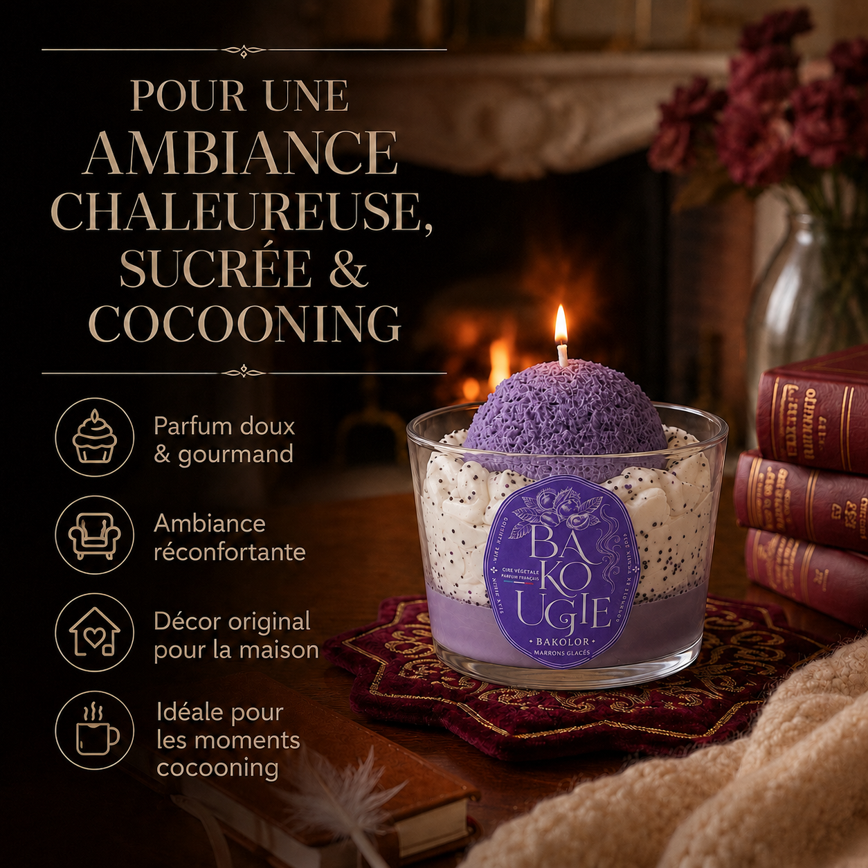 Bougie parfumée marrons glacés « Bakolor » mise en scène dans une ambiance décorative