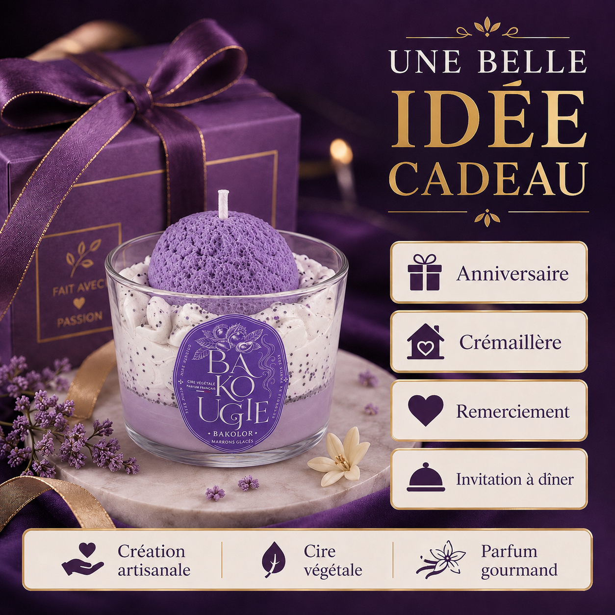Bougie décorative « Bakolor » au parfum marrons glacés, idée cadeau artisanale Bakougie