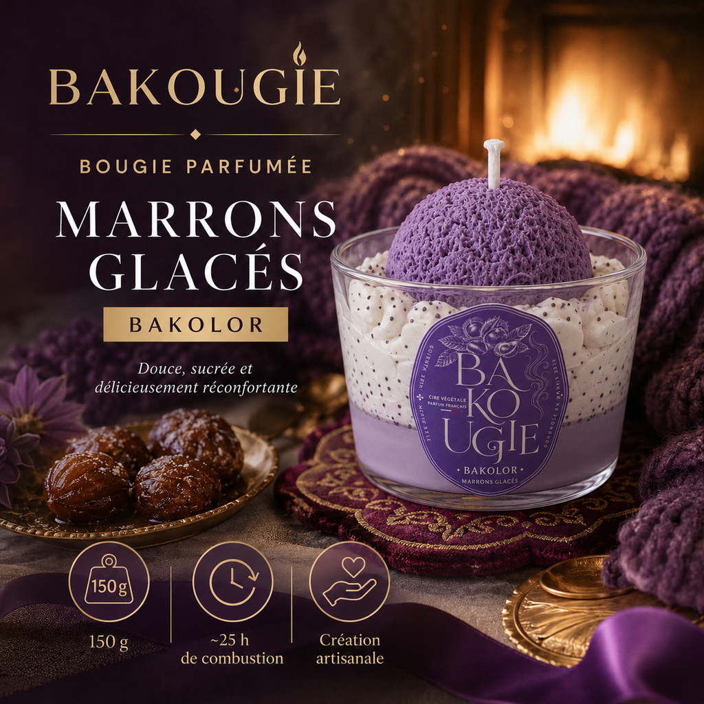 Présentation de la bougie parfumée marrons glacés « Bakolor », fabriquée à la main en France