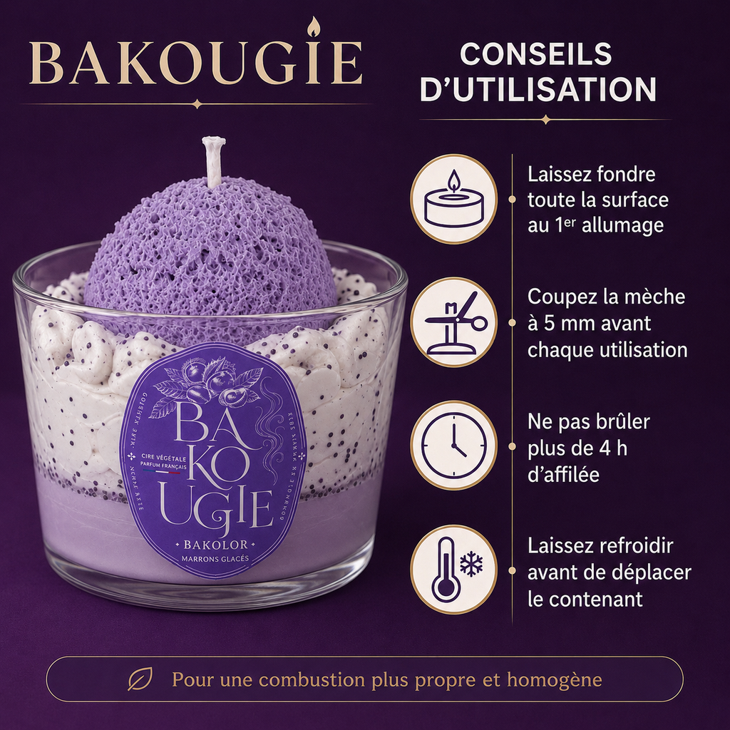 Conseils d'utilisation et d'entretien pour la bougie parfumée marrons glacés « Bakolor »