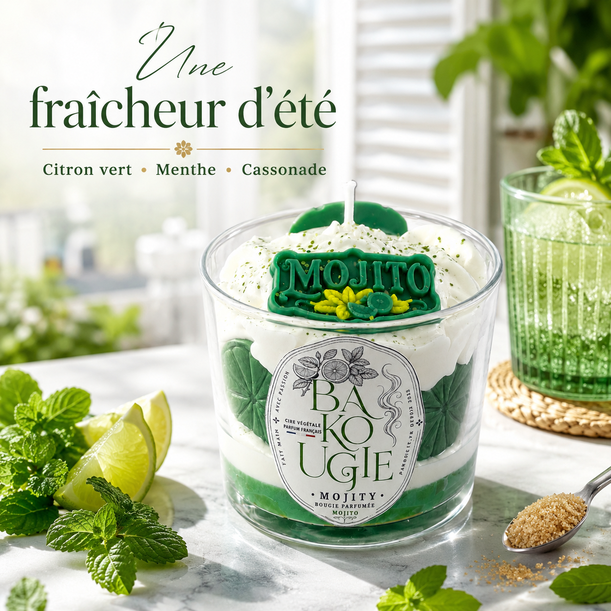 Bougie parfumée mojito « Mojity » mise en scène dans une ambiance décorative