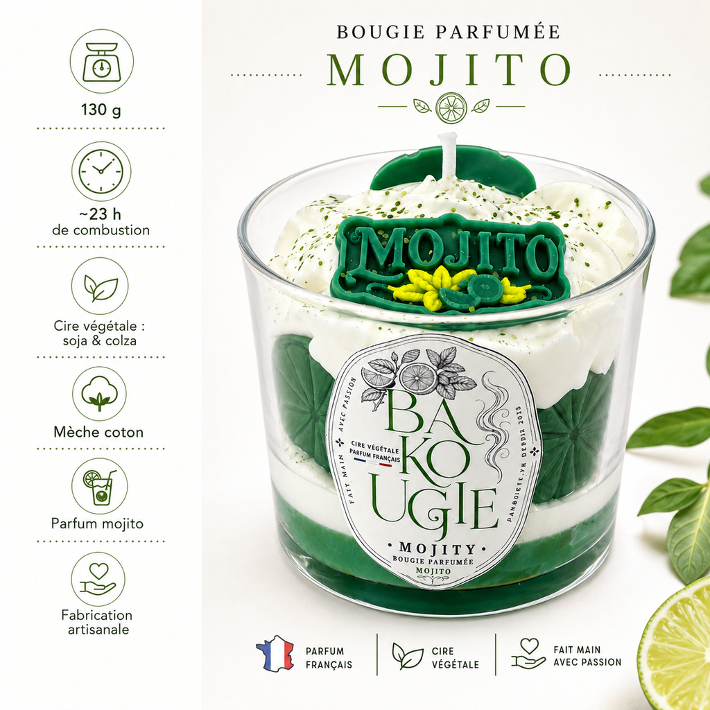 Caractéristiques de la bougie parfumée mojito « Mojity » en cire végétale