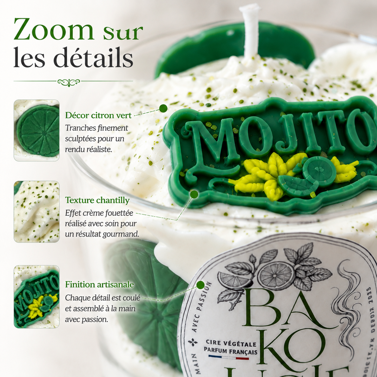 Détails et finition artisanale de la bougie parfumée mojito « Mojity »