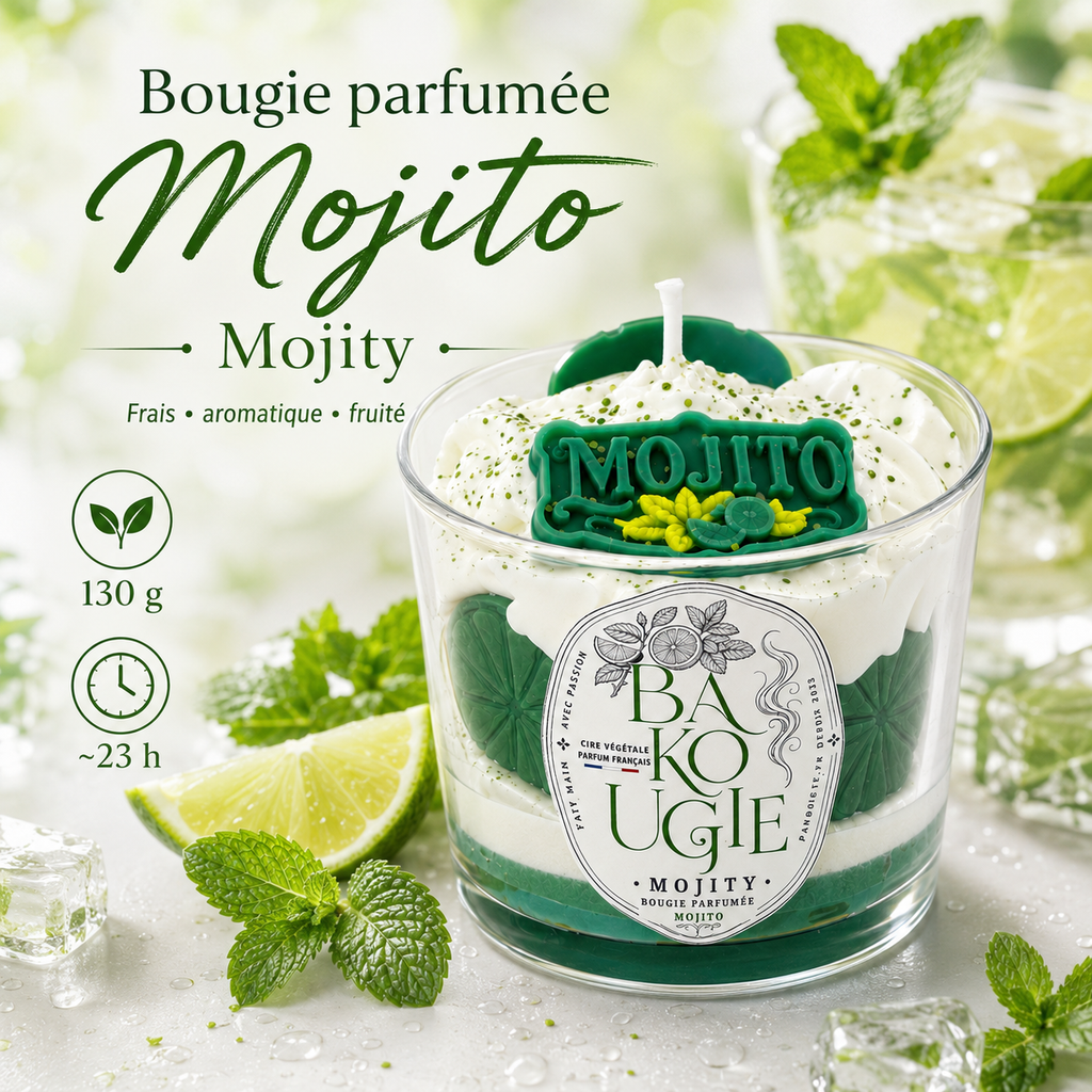 Présentation de la bougie parfumée mojito « Mojity », fabriquée à la main en France