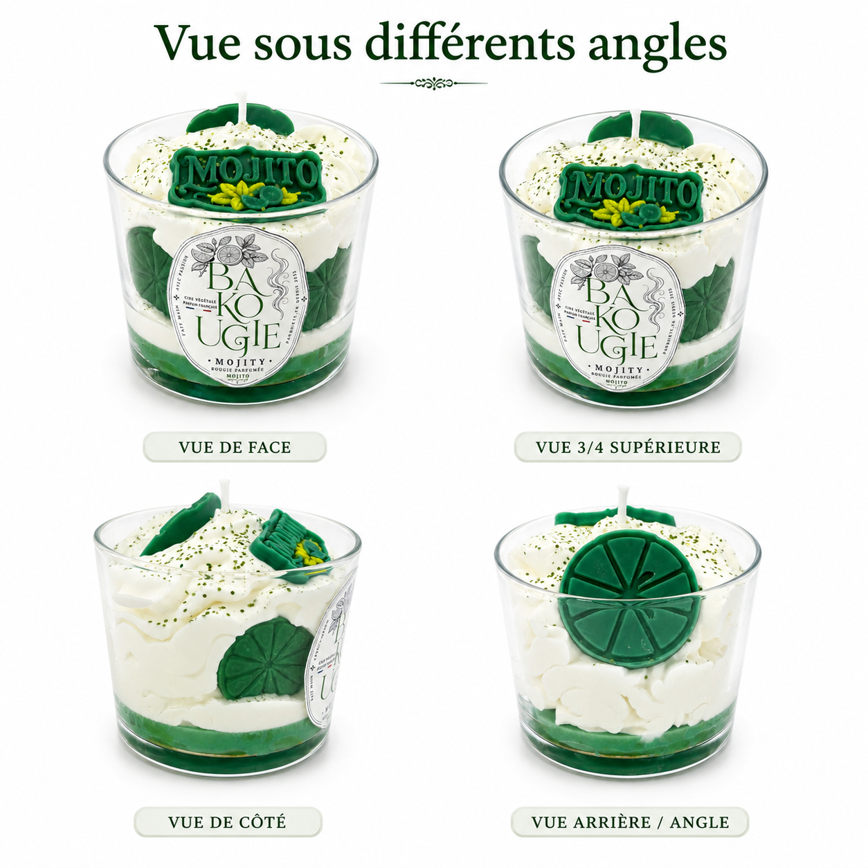 Bougie parfumée mojito « Mojity » vue de face, de dessus et de côté
