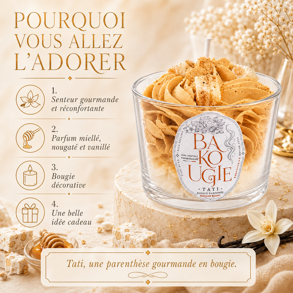 Bougie décorative « Tati » au parfum nougat blanc, idée cadeau artisanale Bakougie