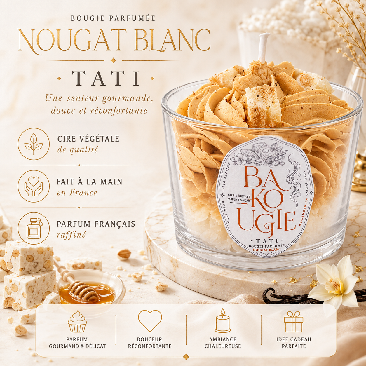 Présentation de la bougie parfumée nougat blanc « Tati », fabriquée à la main en France