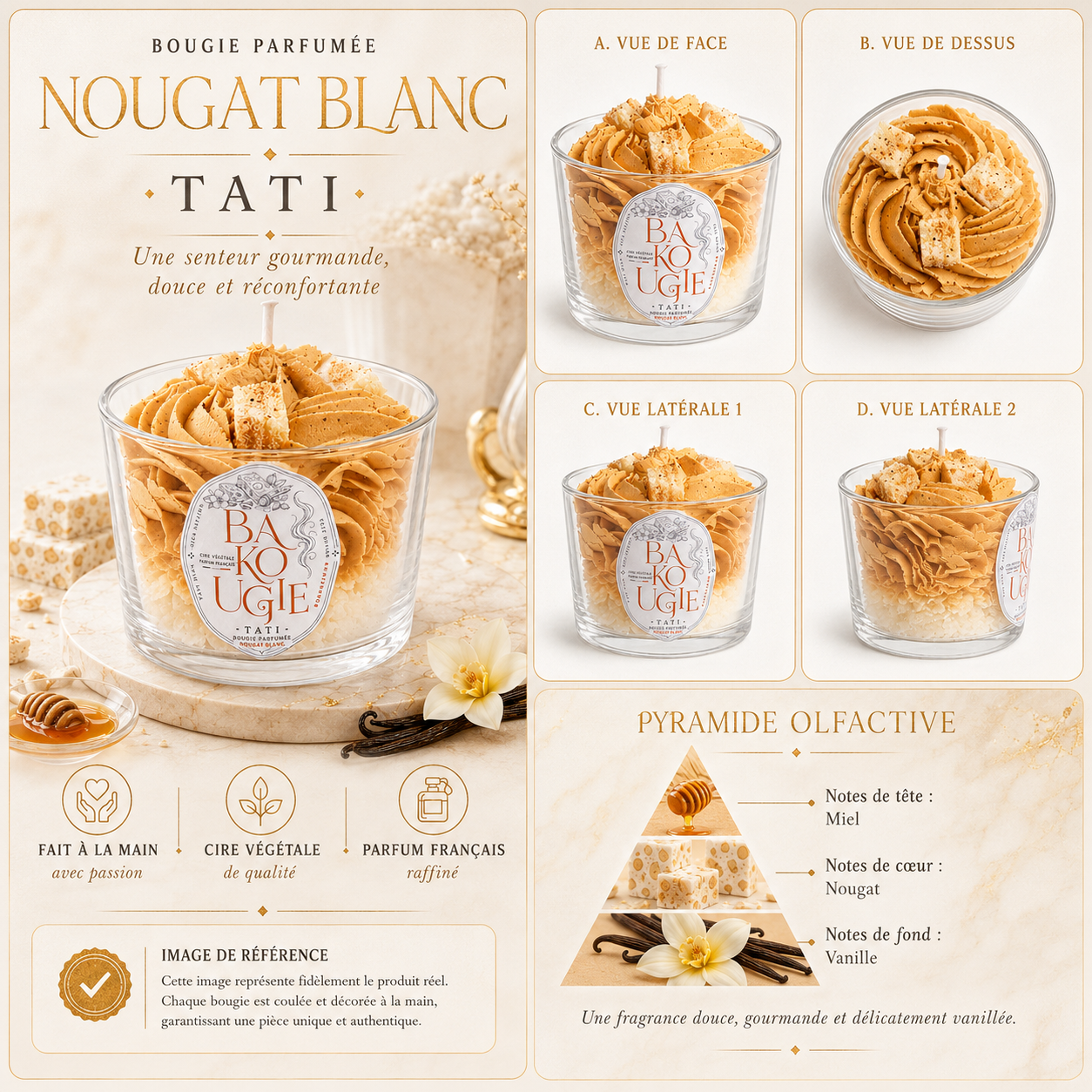 Bougie parfumée nougat blanc « Tati » vue de face, de dessus et de côté