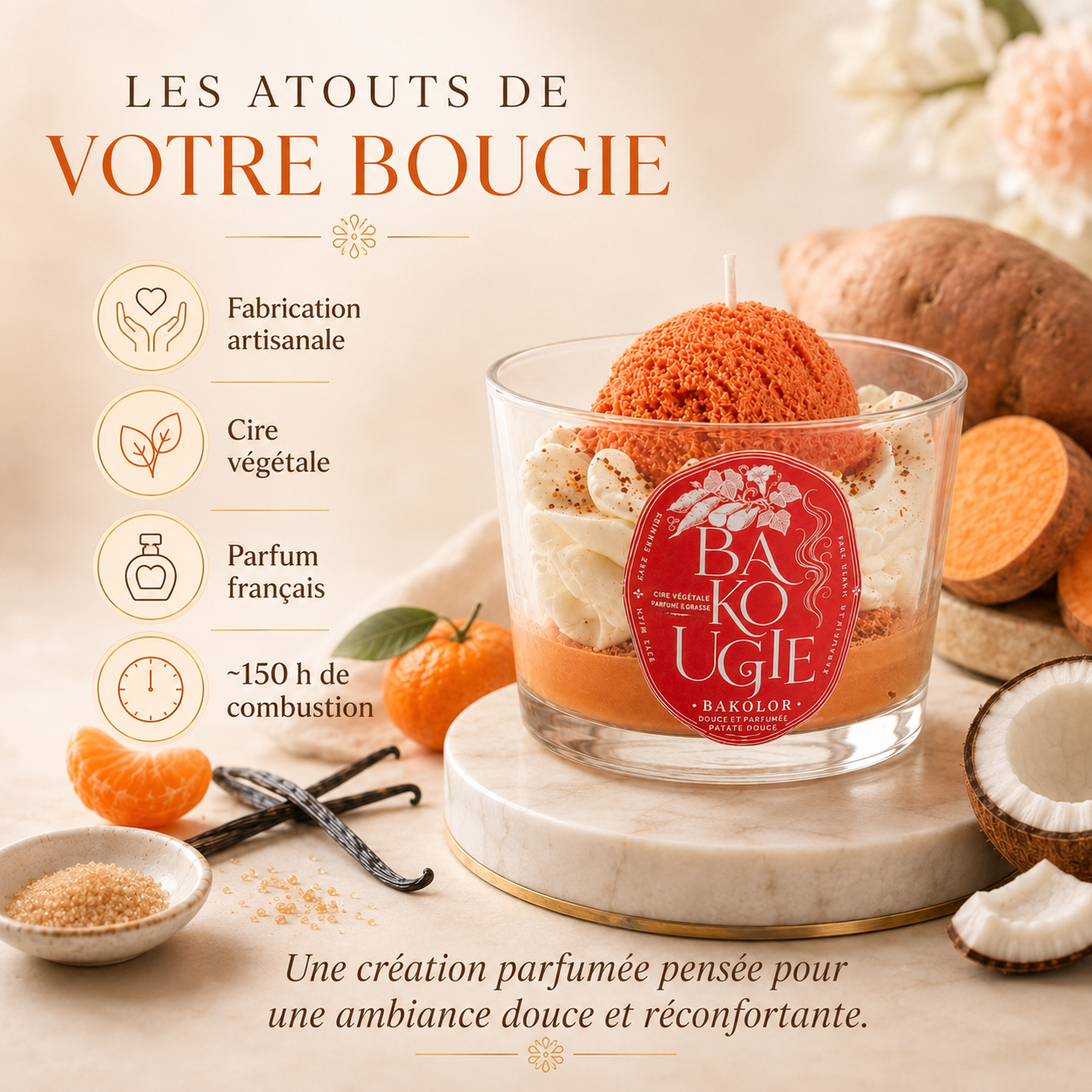 Atouts de la bougie parfumée patate douce « Bakolor » : cire végétale et fabrication artisanale