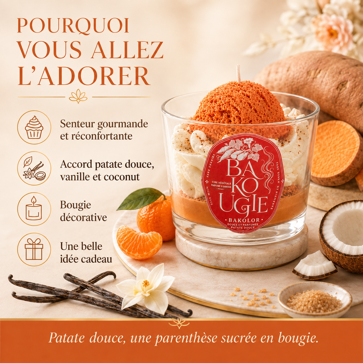 Bougie décorative « Bakolor » au parfum patate douce, idée cadeau artisanale Bakougie