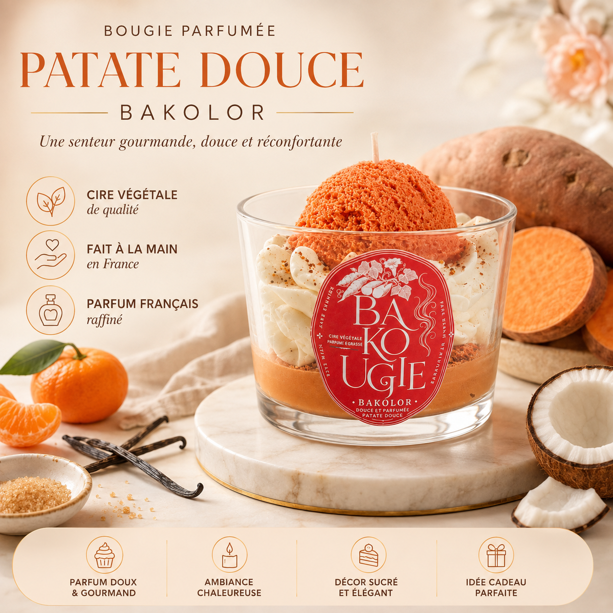 Présentation de la bougie parfumée patate douce « Bakolor », fabriquée à la main en France