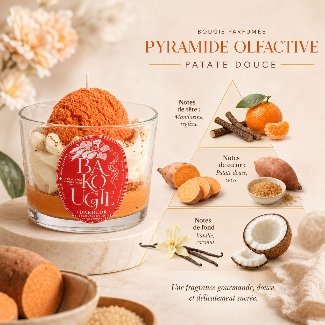 Pyramide olfactive de la bougie patate douce « Bakolor » : notes de tête, de cœur et de fond