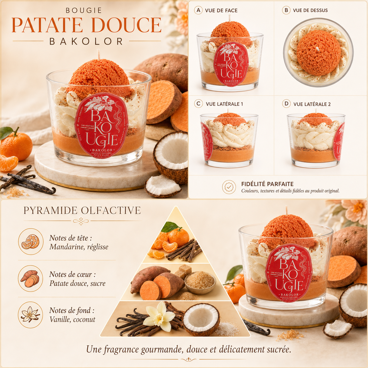 Bougie parfumée patate douce « Bakolor » vue de face, de dessus et de côté