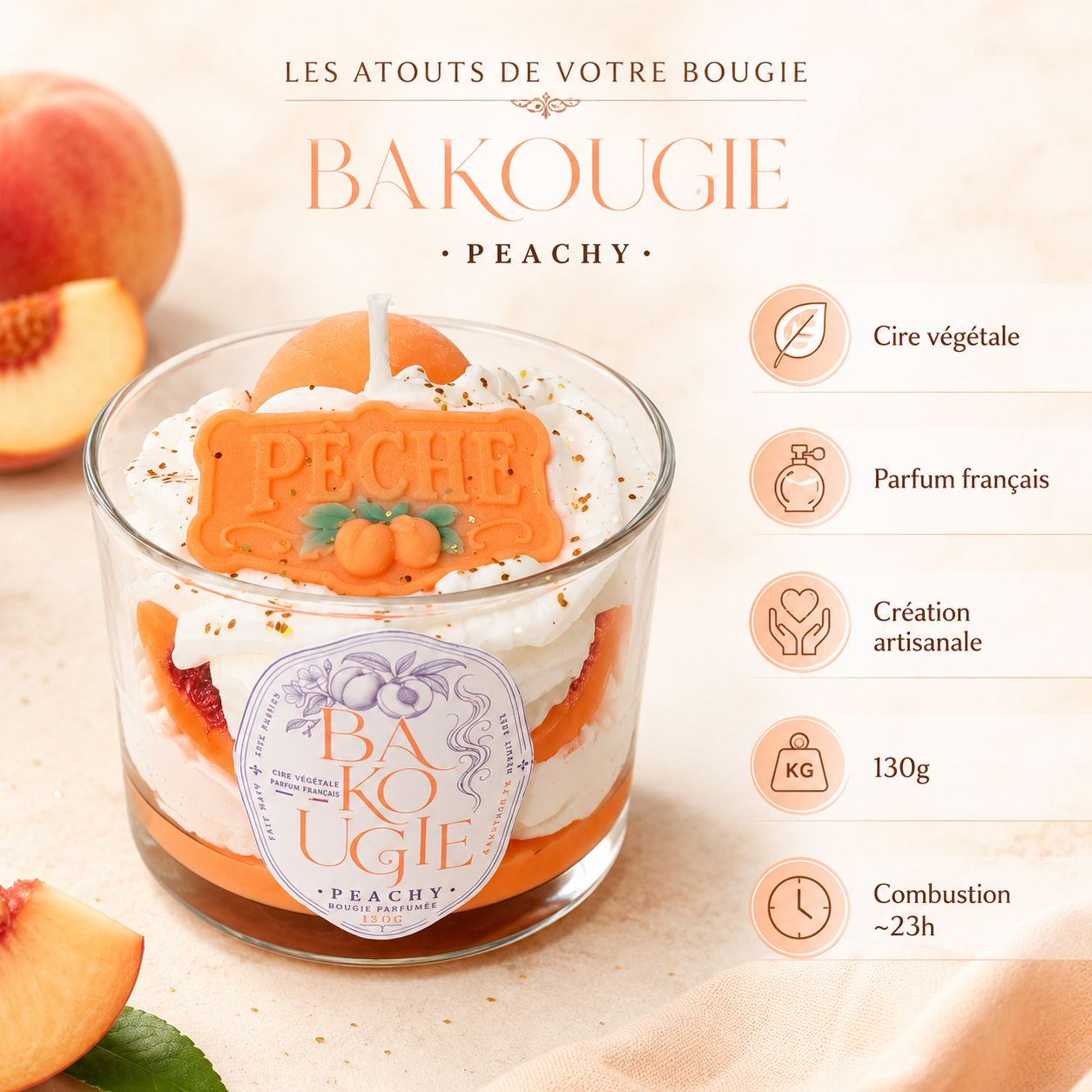 Atouts de la bougie parfumée pêche « Peachy » : cire végétale et fabrication artisanale