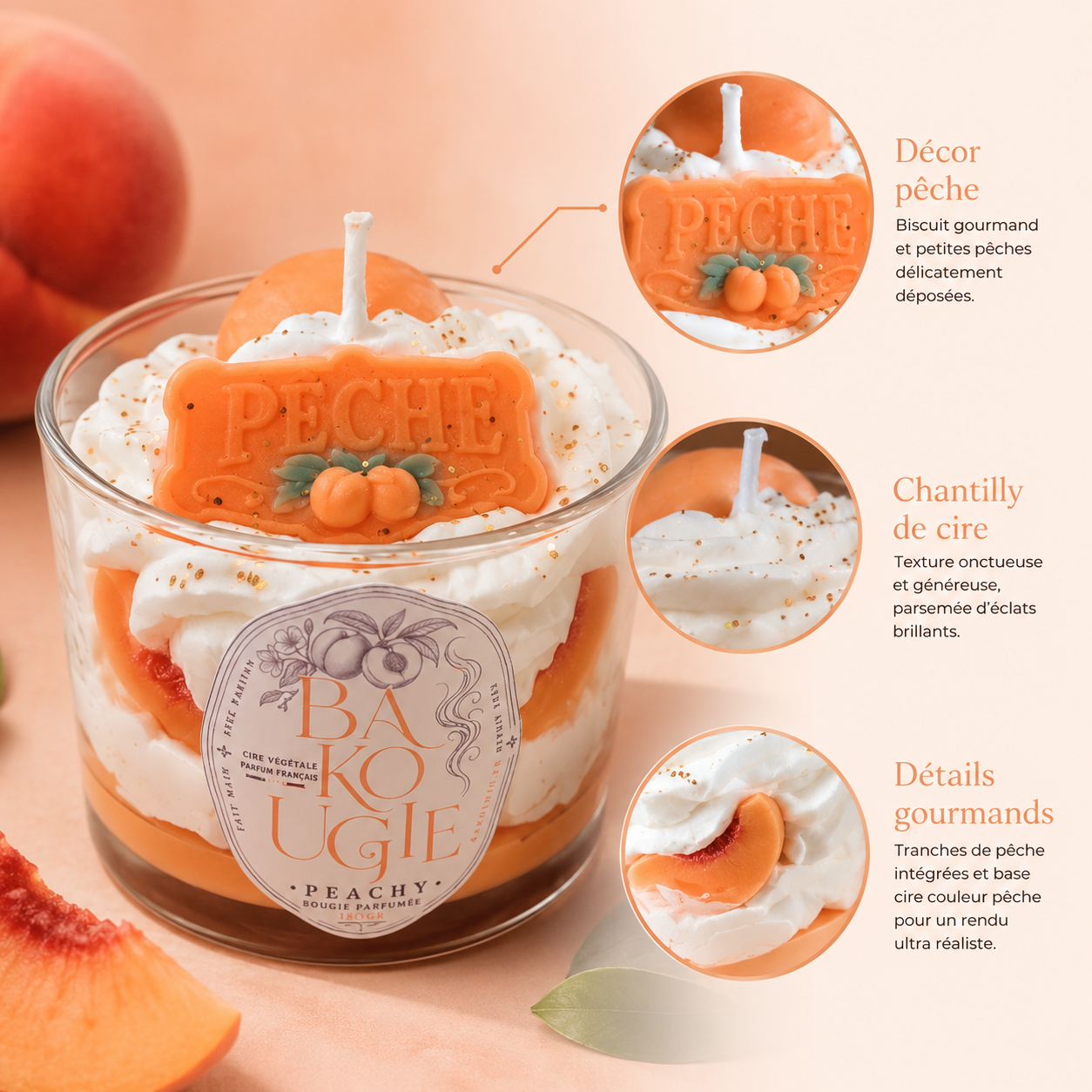 Détails et finition artisanale de la bougie parfumée pêche « Peachy »