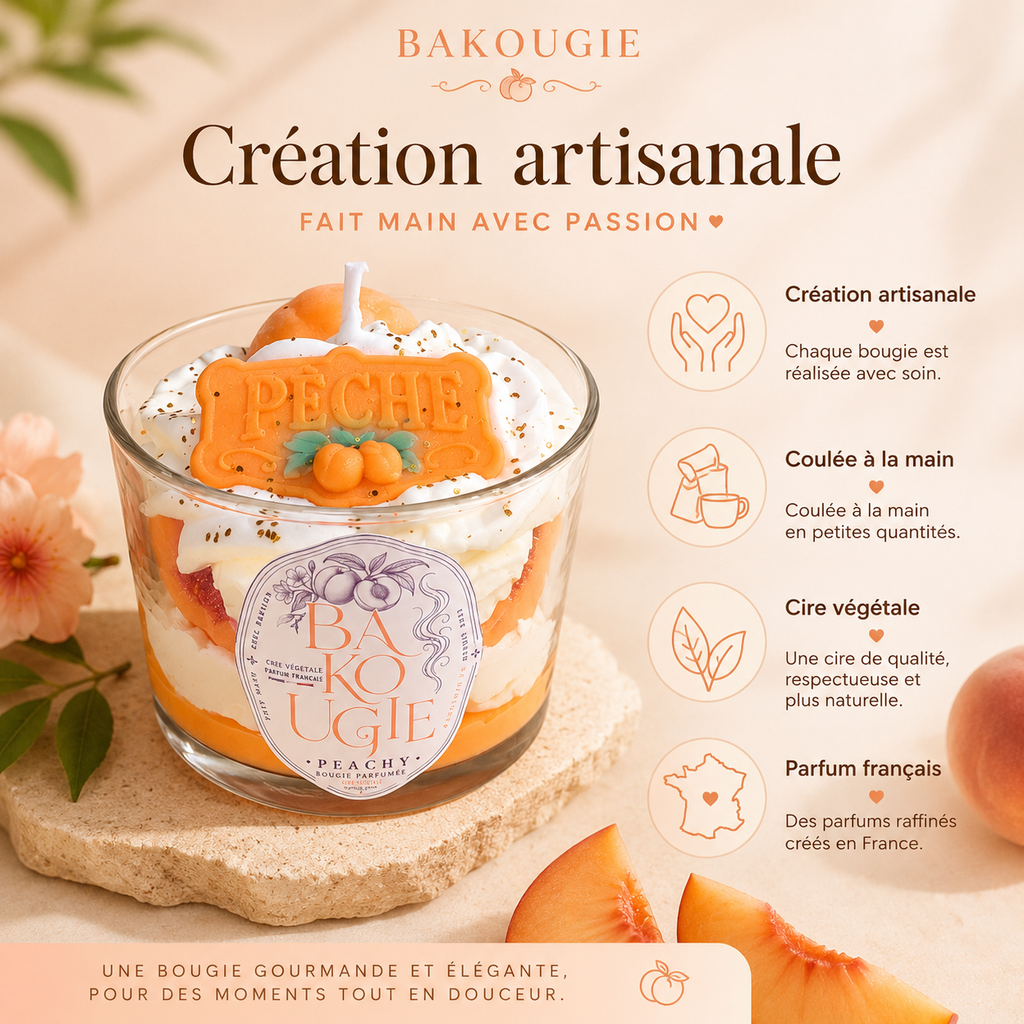 Fabrication artisanale en France de la bougie parfumée pêche « Peachy » en cire végétale
