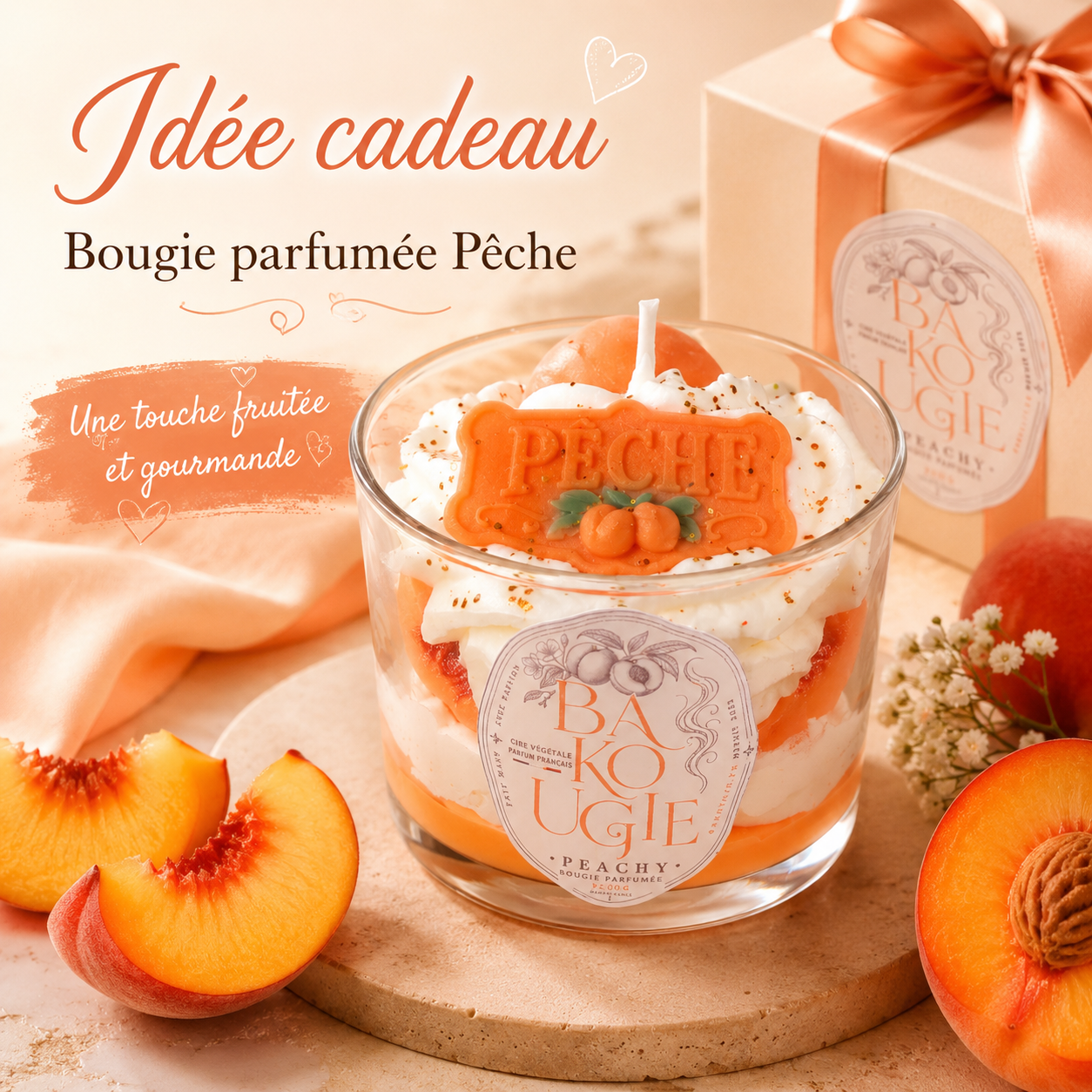 Bougie décorative « Peachy » au parfum pêche, idée cadeau artisanale Bakougie