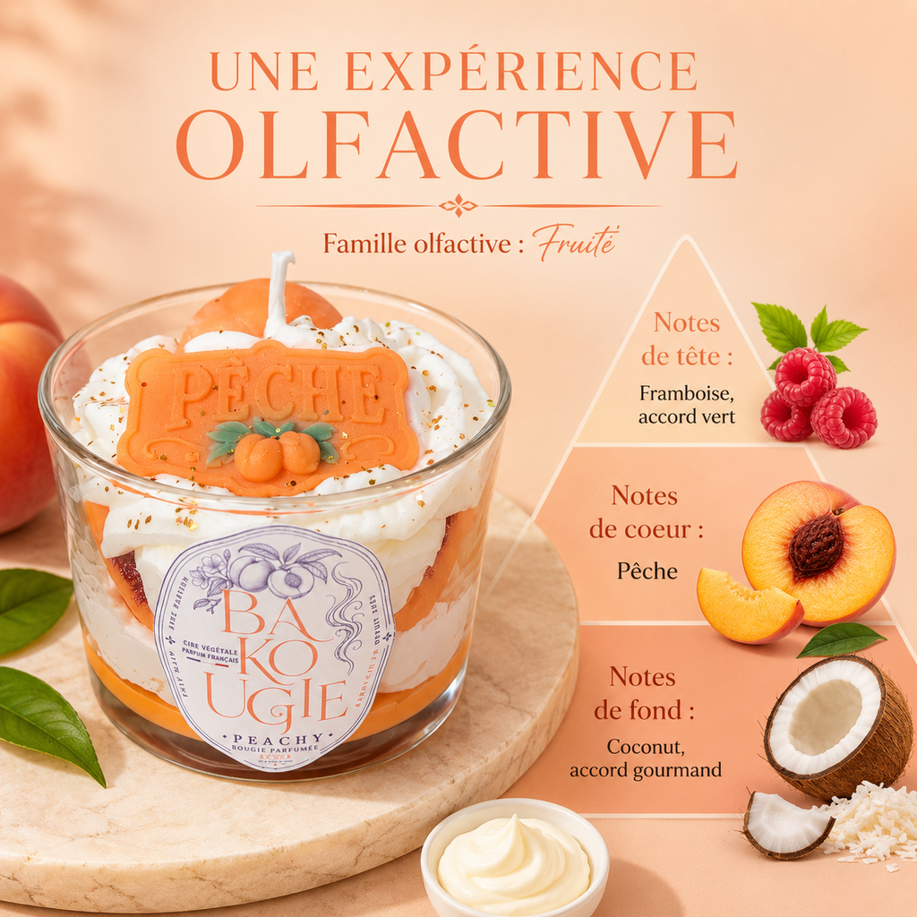 Pyramide olfactive de la bougie pêche « Peachy » : notes de tête, de cœur et de fond