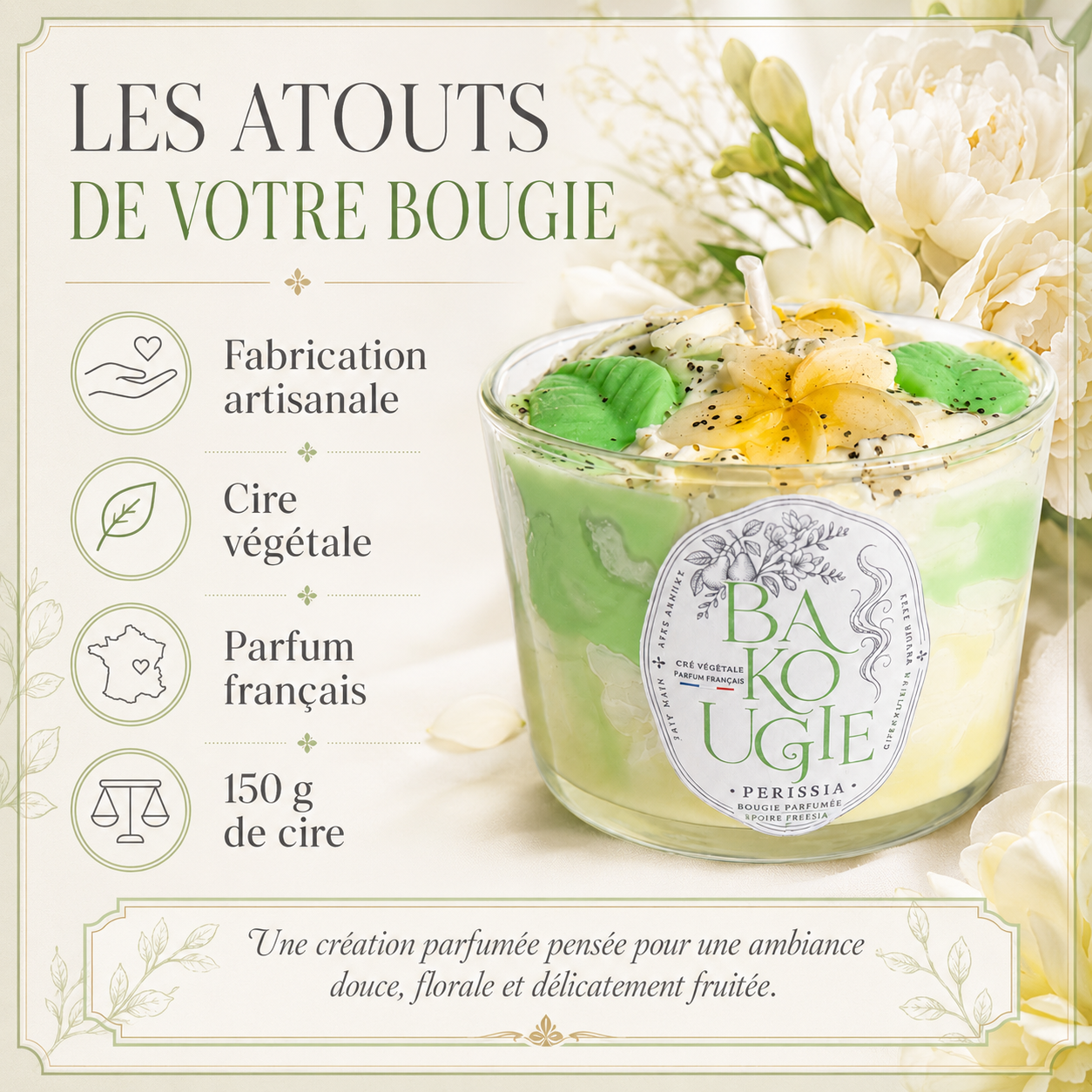 Atouts de la bougie parfumée poire freesia « Perissia » : cire végétale et fabrication artisanale