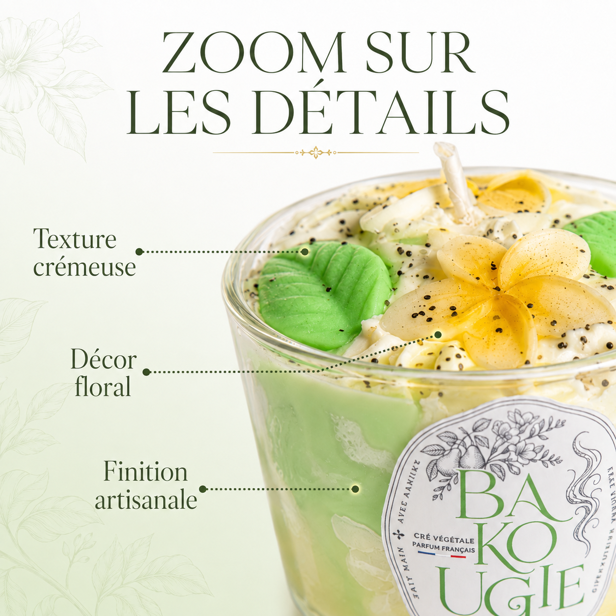 Détails et finition artisanale de la bougie parfumée poire freesia « Perissia »