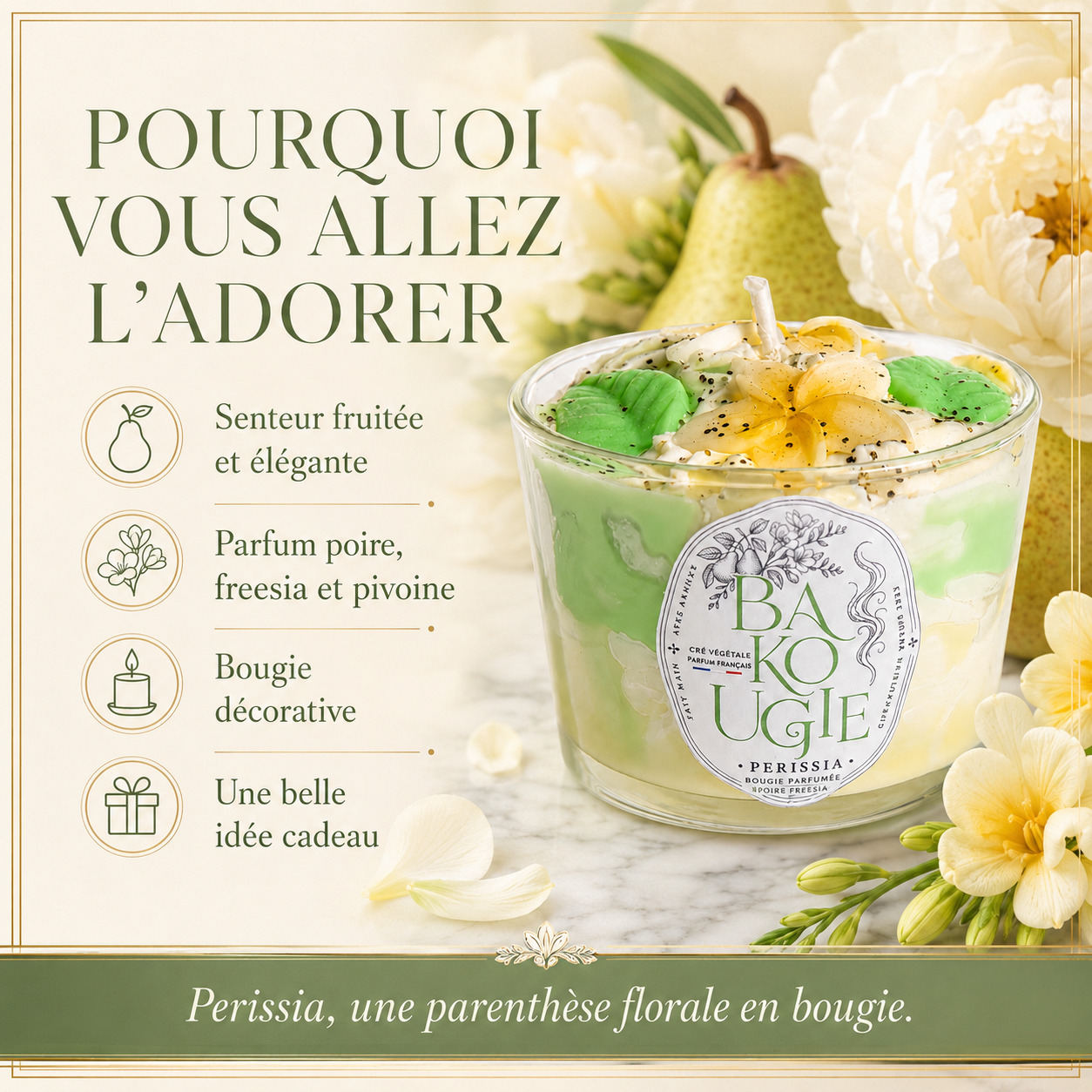 Bougie décorative « Perissia » au parfum poire freesia, idée cadeau artisanale Bakougie