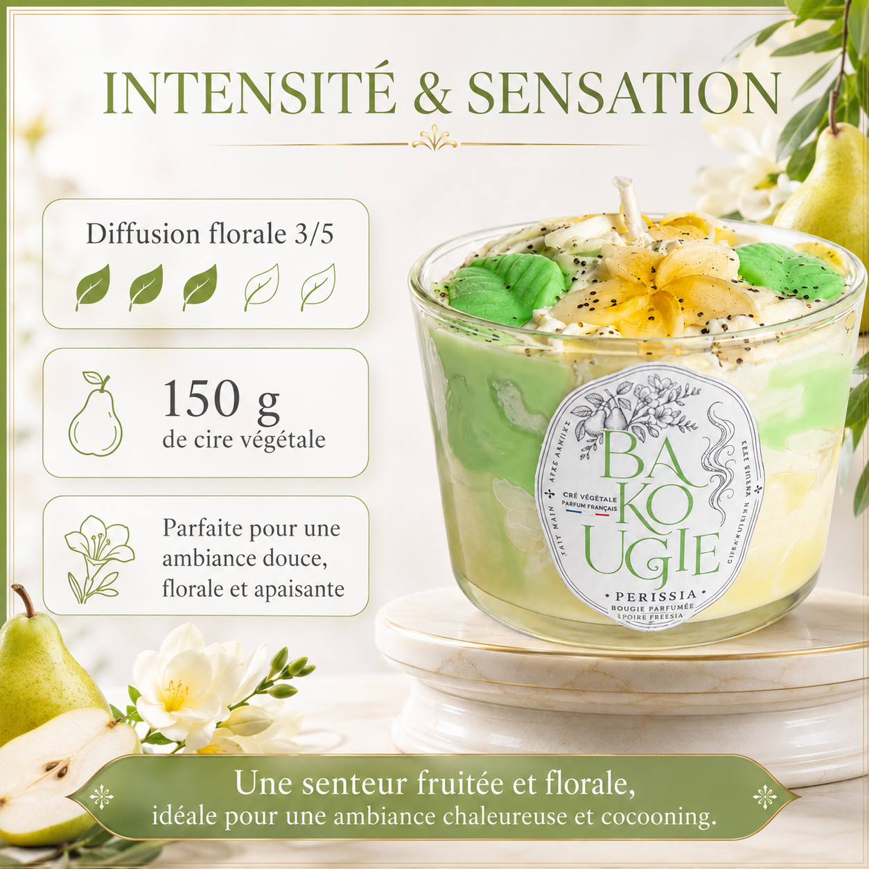 Intensité et diffusion du parfum de la bougie poire freesia « Perissia »