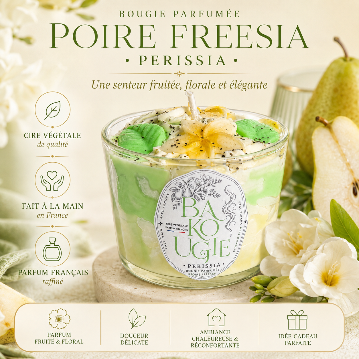 Présentation de la bougie parfumée poire freesia « Perissia », fabriquée à la main en France