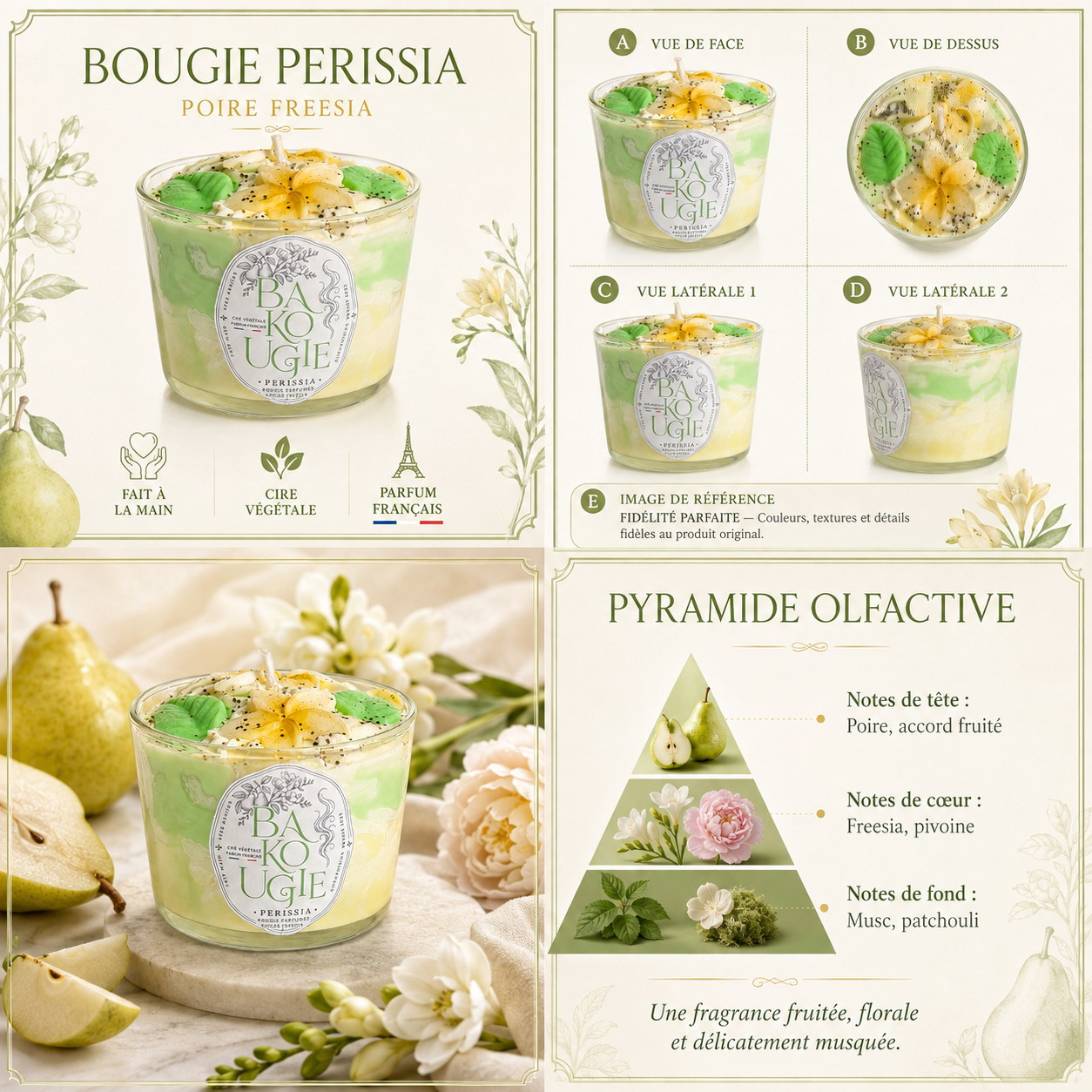 Bougie parfumée poire freesia « Perissia » vue de face, de dessus et de côté