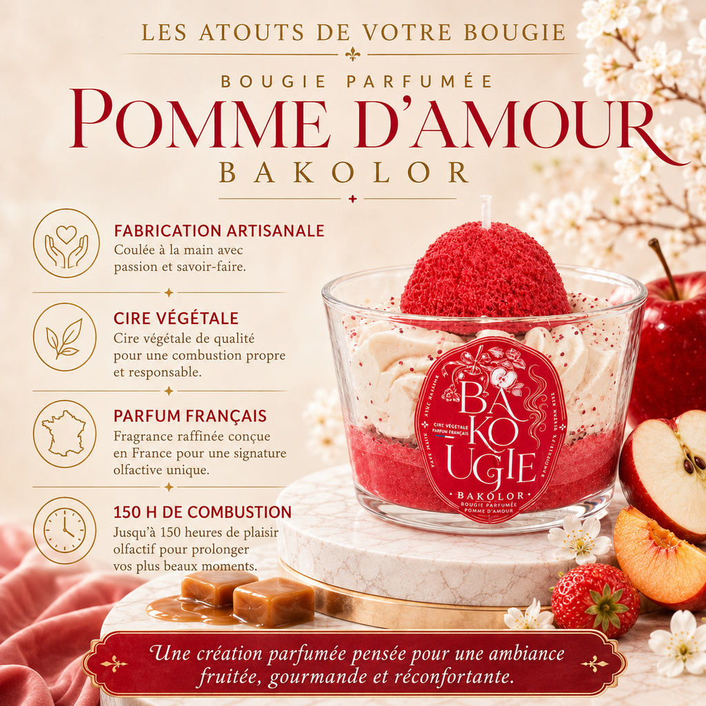 Atouts de la bougie parfumée pomme d'amour « Bakolor » : cire végétale et fabrication artisanale